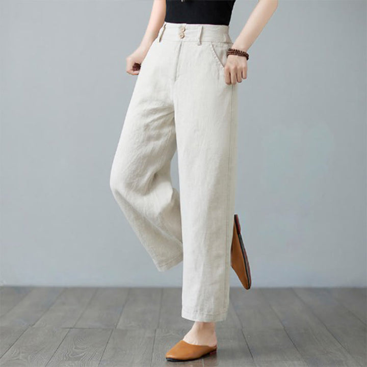 Pantalones de lino y algodón con diseño simple de patchwork de color liso para mujer con bolsillos de Buddha Stones Daily - image 5