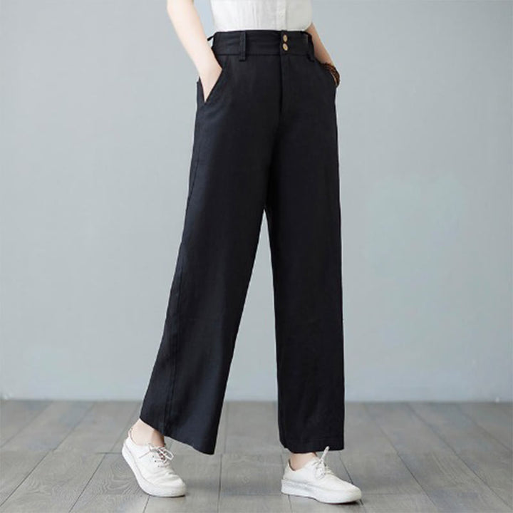 Pantalones de lino y algodón con diseño simple de patchwork de color liso para mujer con bolsillos de Buddha Stones Daily - Negro - US8-10，UK/AU12-14，EU40-42 (2XL) - image 21