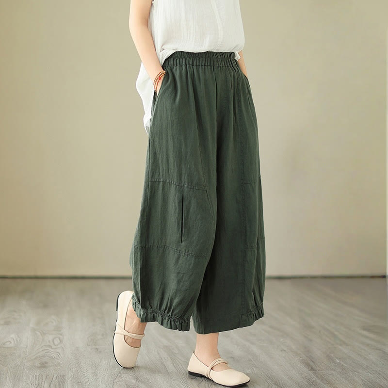 Pantalones cortos de algodón con diseño plisado informal vintage Buddha Stones para mujer, de pierna ancha y bolsillos - Verde oscuro - US8-10，UK/AU12-14，EU40-42 (2XL) - image 0