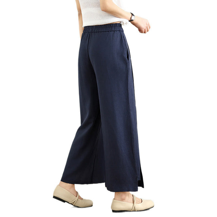 Pantalones anchos de algodón y lino para mujer, con bolsillos, de Buddha Stones, informales, de primavera, en azul marino, con diseño de líneas sencillas - image 9