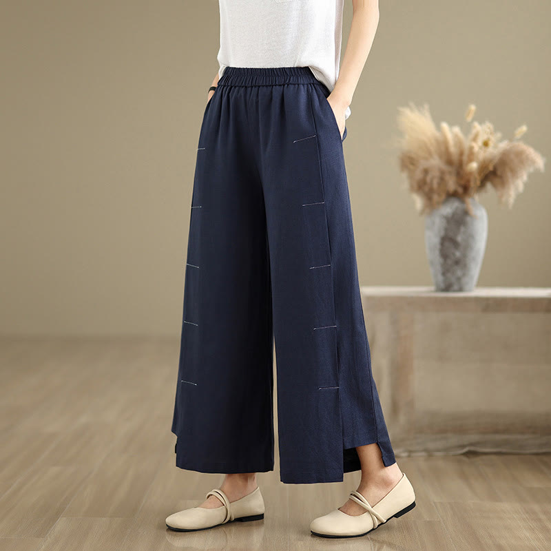 Pantalones anchos de algodón y lino para mujer, con bolsillos, de Buddha Stones, informales, de primavera, en azul marino, con diseño de líneas sencillas - Marina de guerra - US8-10，UK/AU12-14，EU40-42 (2XL) - image 0