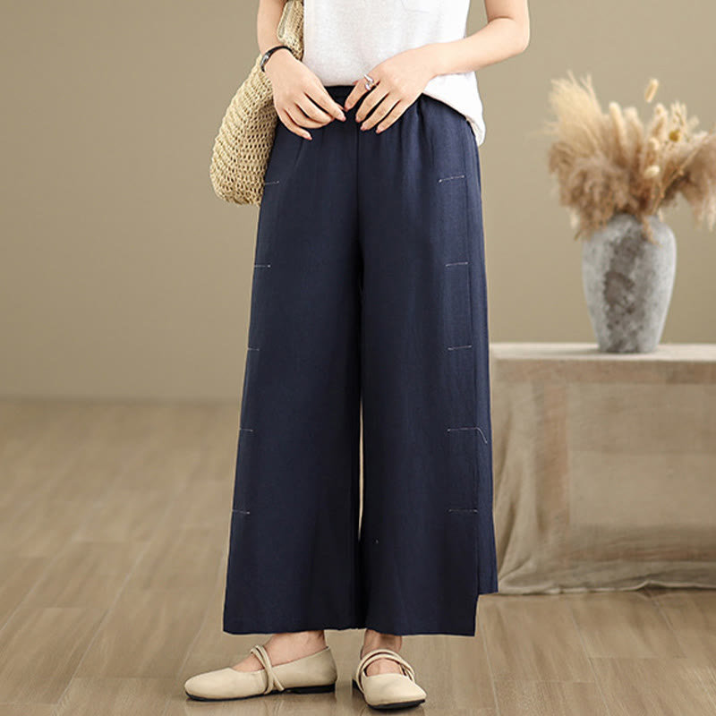Pantalones anchos de algodón y lino para mujer, con bolsillos, de Buddha Stones, informales, de primavera, en azul marino, con diseño de líneas sencillas - image 3