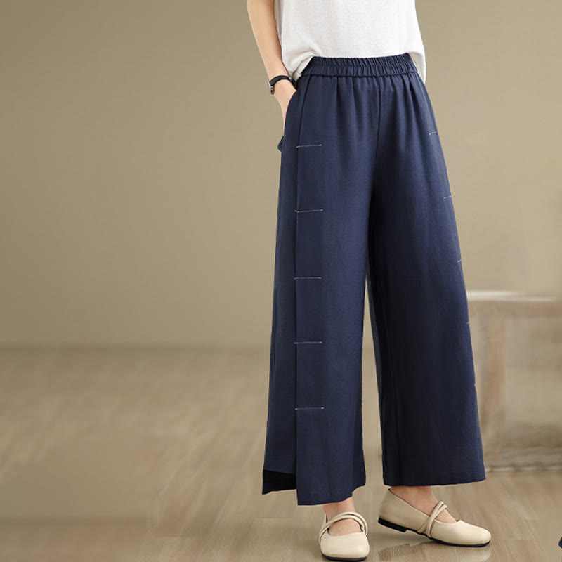 Pantalones anchos de algodón y lino para mujer, con bolsillos, de Buddha Stones, informales, de primavera, en azul marino, con diseño de líneas sencillas - image 2