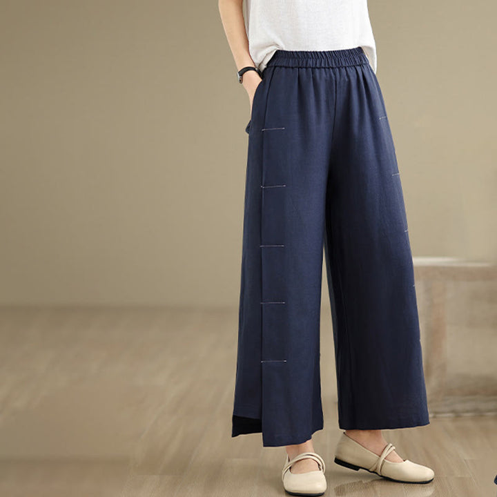 Pantalones anchos de algodón y lino para mujer, con bolsillos, de Buddha Stones, informales, de primavera, en azul marino, con diseño de líneas sencillas - image 2