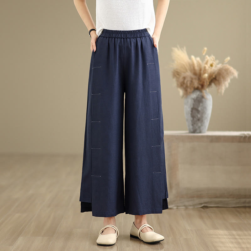 Pantalones anchos de algodón y lino para mujer, con bolsillos, de Buddha Stones, informales, de primavera, en azul marino, con diseño de líneas sencillas - image 1