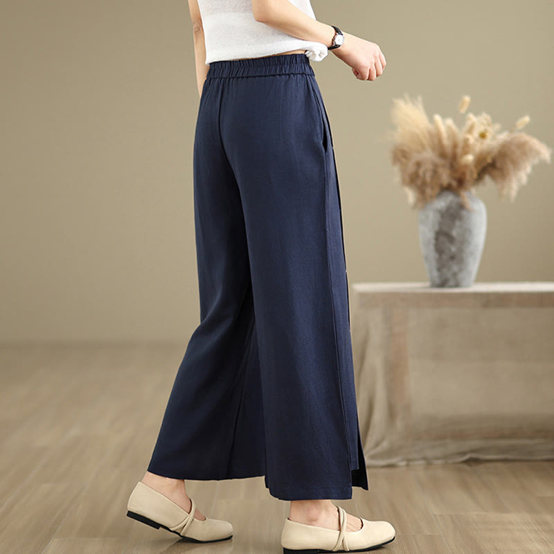 Pantalones anchos de algodón y lino para mujer, con bolsillos, de Buddha Stones, informales, de primavera, en azul marino, con diseño de líneas sencillas - image 5