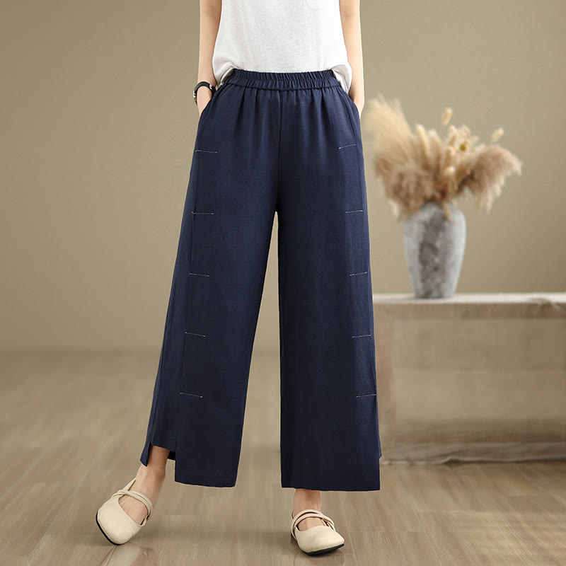 Pantalones anchos de algodón y lino para mujer, con bolsillos, de Buddha Stones, informales, de primavera, en azul marino, con diseño de líneas sencillas - image 4