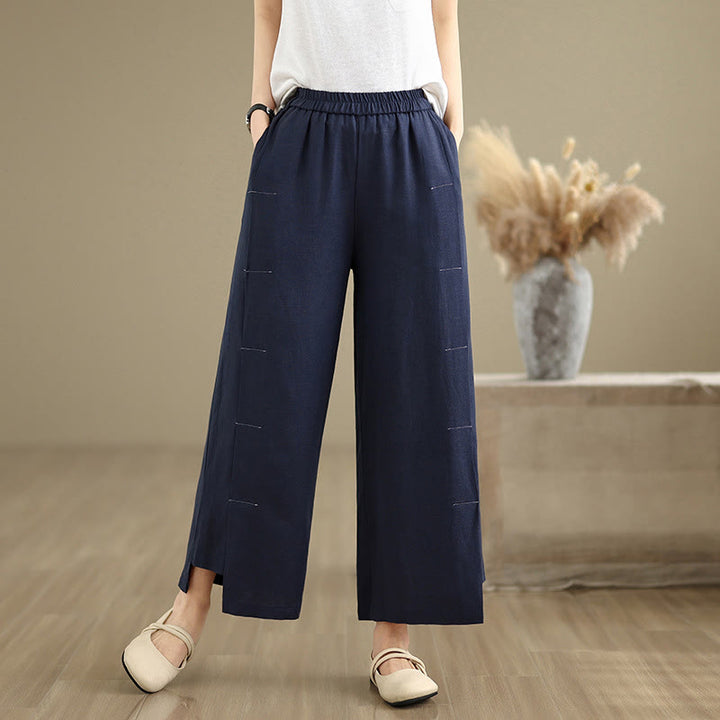 Pantalones anchos de algodón y lino para mujer, con bolsillos, de Buddha Stones, informales, de primavera, en azul marino, con diseño de líneas sencillas - image 4
