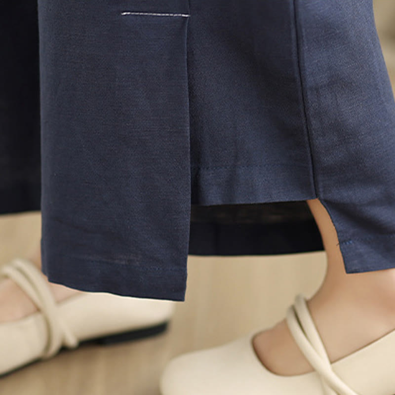 Pantalones anchos de algodón y lino para mujer, con bolsillos, de Buddha Stones, informales, de primavera, en azul marino, con diseño de líneas sencillas - image 8