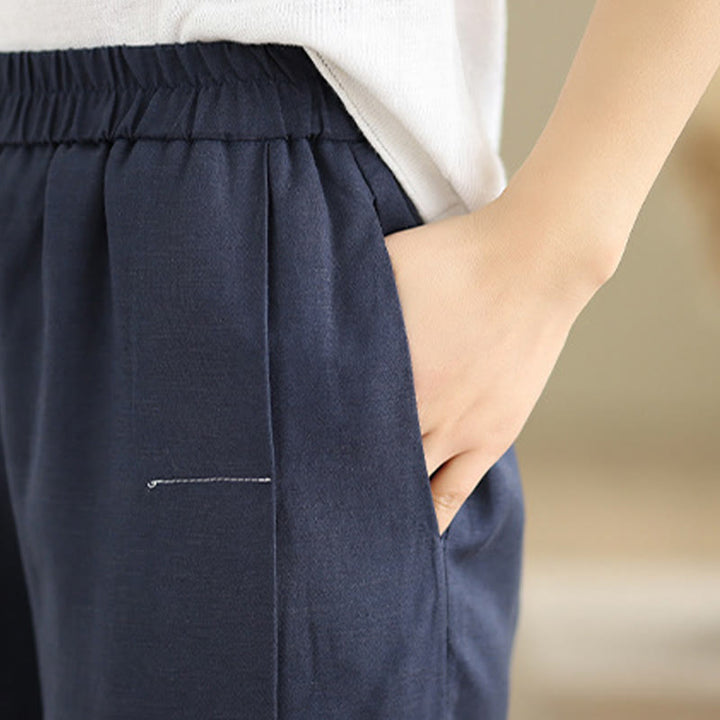 Pantalones anchos de algodón y lino para mujer, con bolsillos, de Buddha Stones, informales, de primavera, en azul marino, con diseño de líneas sencillas - image 6