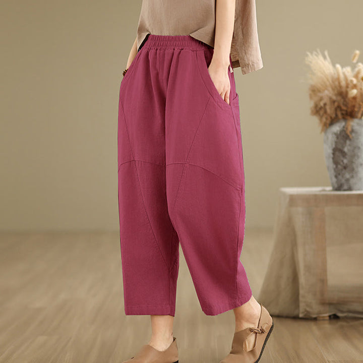 Pantalones harén de lino y algodón para mujer, de Buddha Stones, de primavera, tallas 7-8, color liso, con bolsillos - Violeta medio rojo - US8-10，UK/AU12-14，EU40-42 (2XL) - image 18