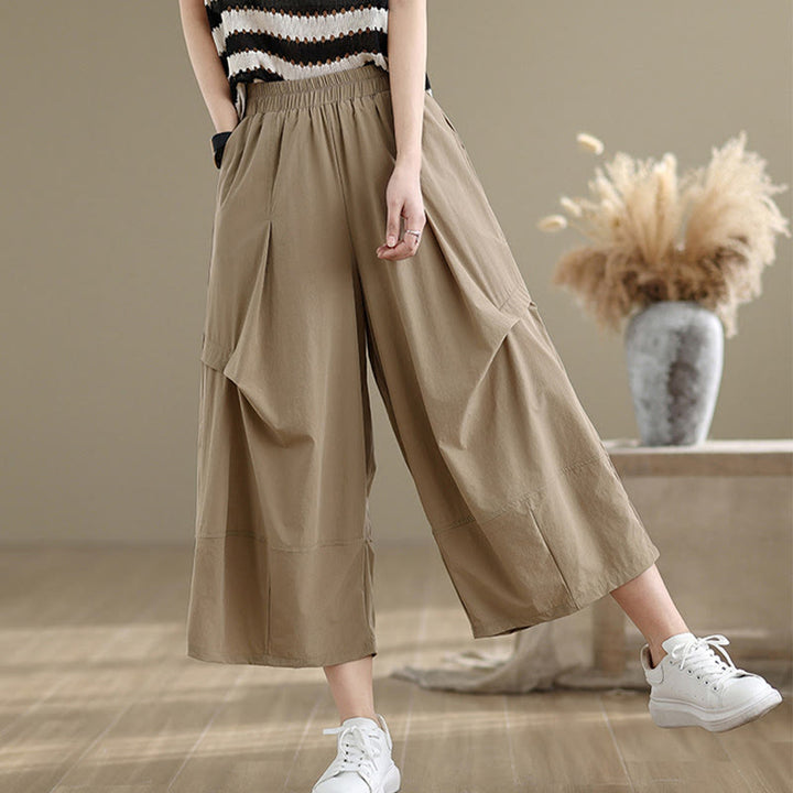 Pantalones anchos de algodón para mujer con diseño plisado irregular de verano Buddha Stones y bolsillos