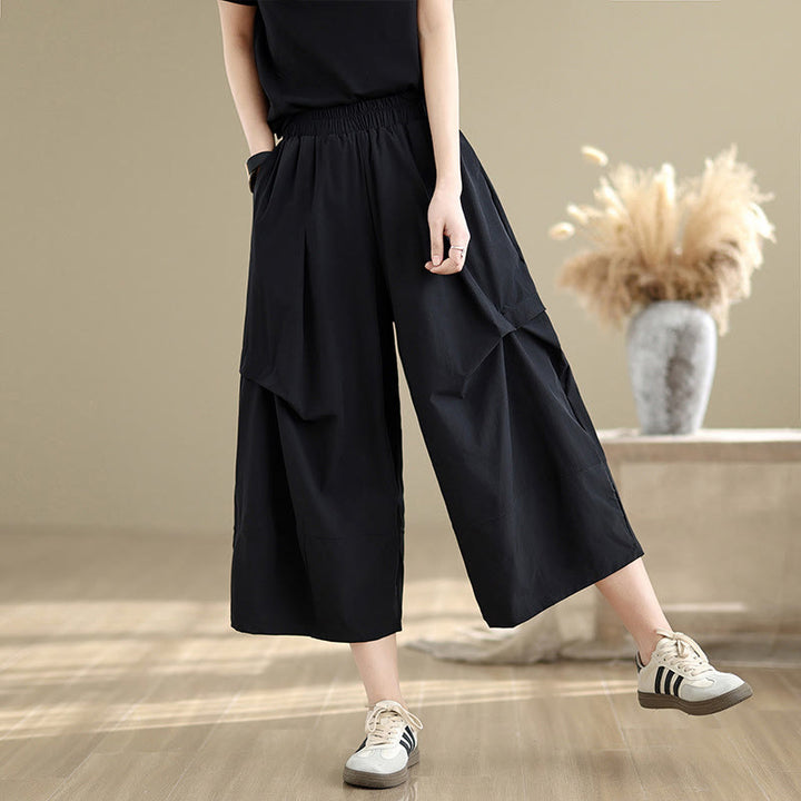 Pantalones anchos de algodón para mujer con diseño plisado irregular de verano Buddha Stones y bolsillos