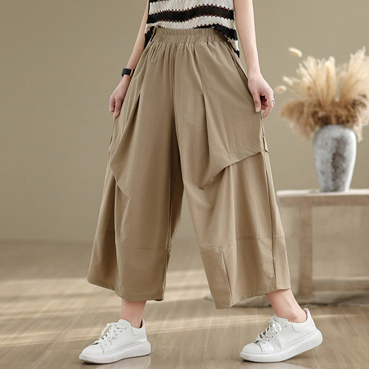Pantalones anchos de algodón para mujer con diseño plisado irregular de verano Buddha Stones y bolsillos