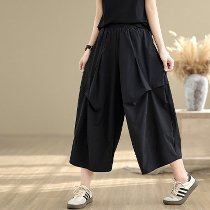 Pantalones anchos de algodón para mujer con diseño plisado irregular de verano Buddha Stones y bolsillos