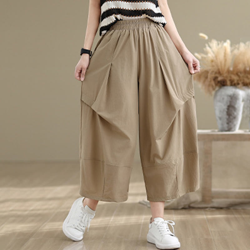 Pantalones anchos de algodón para mujer con diseño plisado irregular de verano Buddha Stones y bolsillos