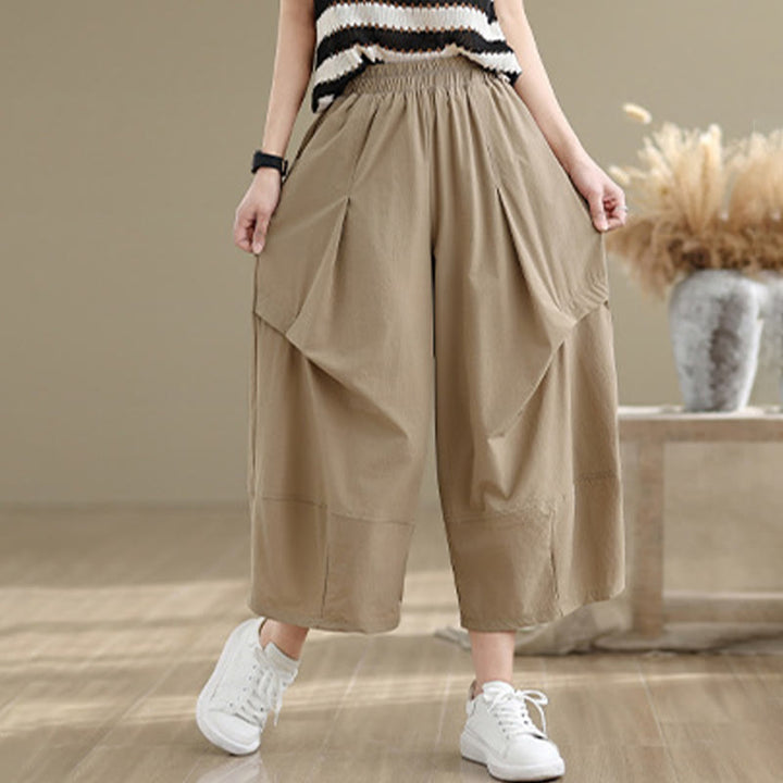 Pantalones anchos de algodón para mujer con diseño plisado irregular de verano Buddha Stones y bolsillos