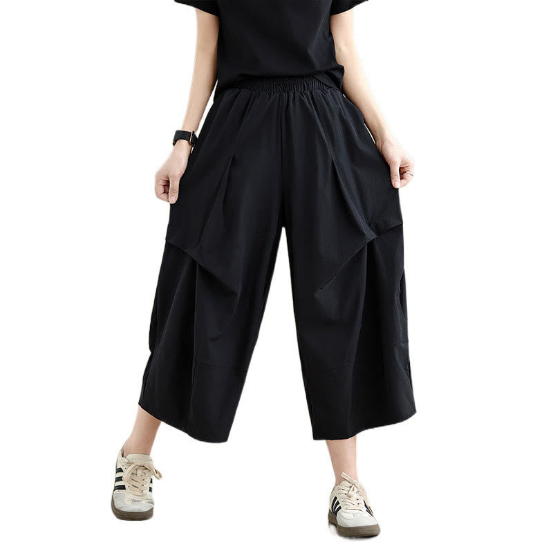 Pantalones anchos de algodón para mujer con diseño plisado irregular de verano Buddha Stones y bolsillos
