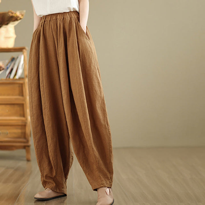 Pantalones anchos de lino y algodón para mujer con diseño de farol y patchwork vintage de Buddha Stones con bolsillos - image 1