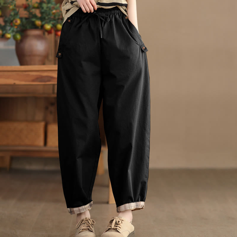 Pantalones harén de algodón con puños parcheados, informales, con bolsillos, para mujer