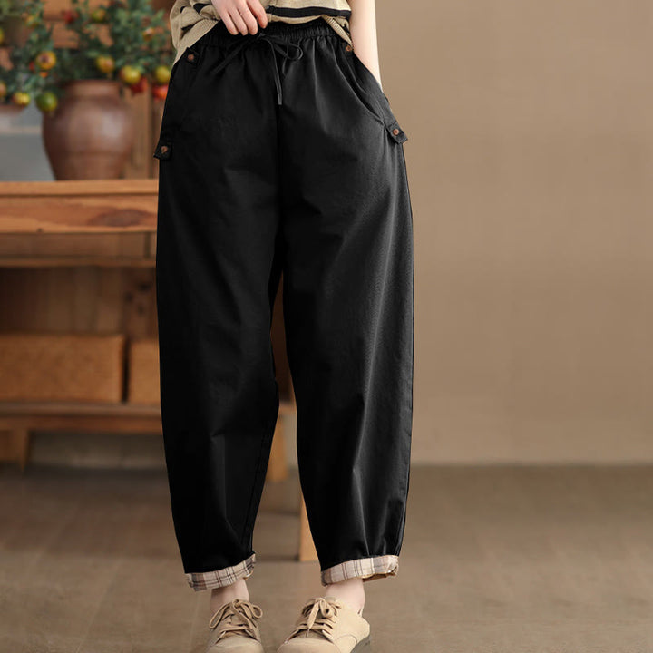 Pantalones harén de algodón con puños parcheados, informales, con bolsillos, para mujer