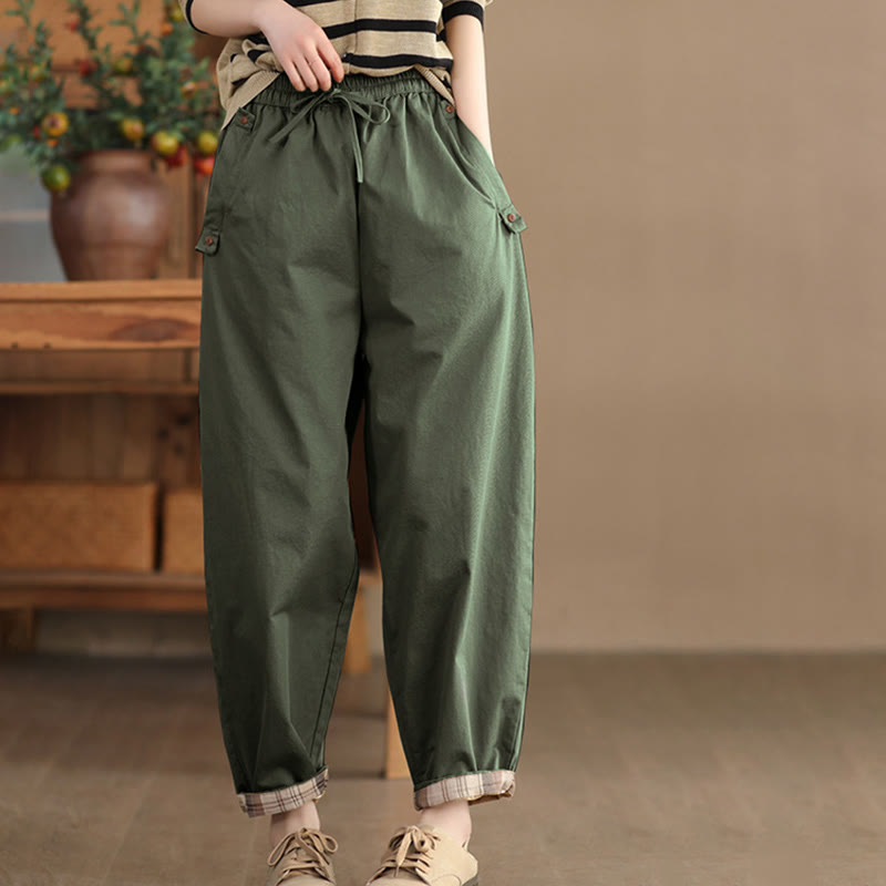 Pantalones harén de algodón con puños parcheados, informales, con bolsillos, para mujer