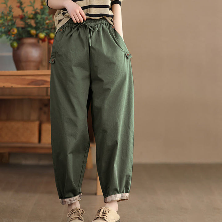 Pantalones harén de algodón con puños parcheados, informales, con bolsillos, para mujer