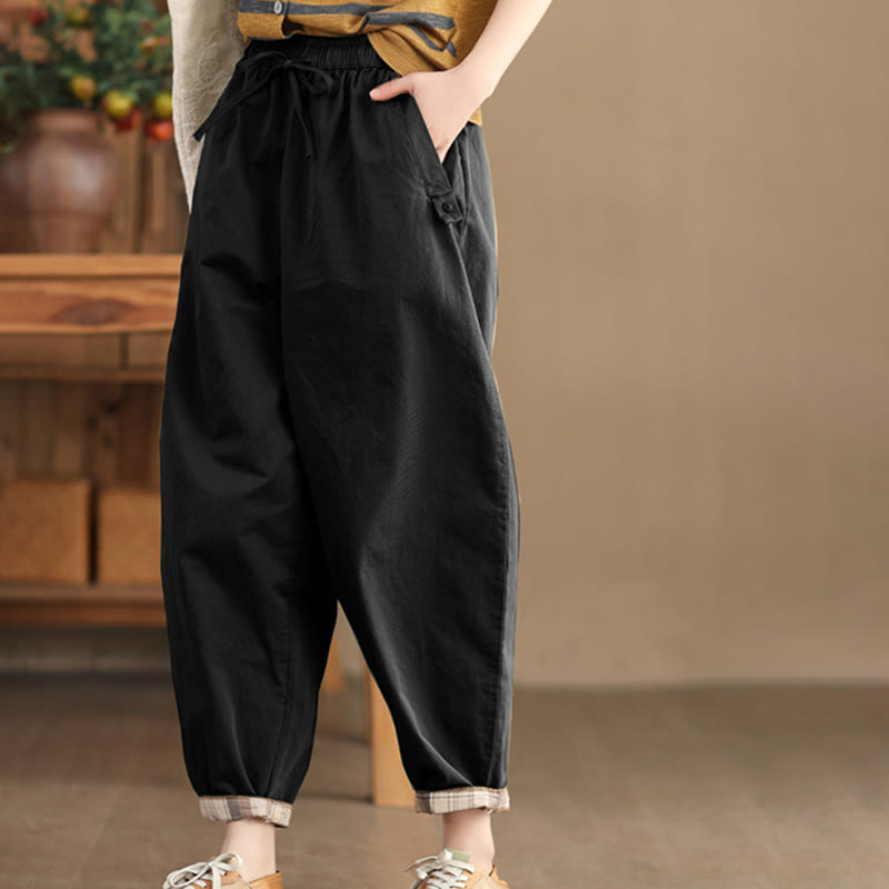 Pantalones harén de algodón con puños parcheados, informales, con bolsillos, para mujer