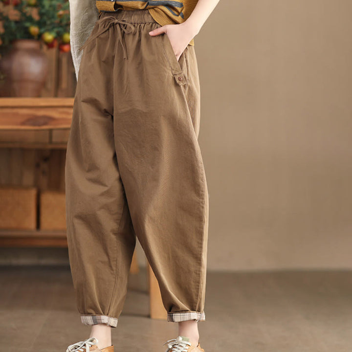 Pantalones harén de algodón con puños parcheados, informales, con bolsillos, para mujer