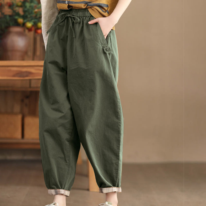 Pantalones harén de algodón con puños parcheados, informales, con bolsillos, para mujer