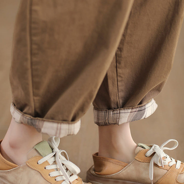 Pantalones harén de algodón con puños parcheados, informales, con bolsillos, para mujer