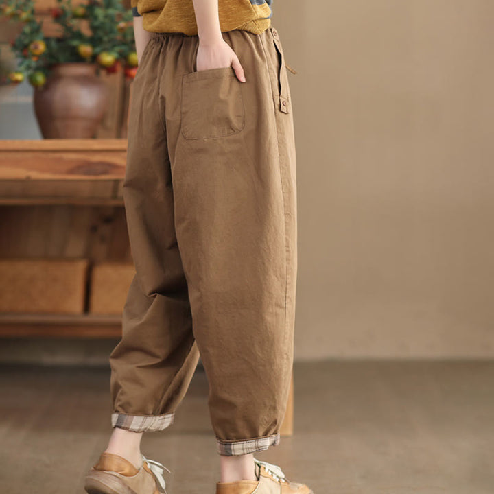 Pantalones harén de algodón con puños parcheados, informales, con bolsillos, para mujer