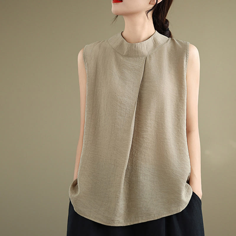 Chaleco sin mangas de algodón y lino para mujer, informal, con diseño de Buddha Stones, liso, con botones en la espalda y cuello alto - image 14