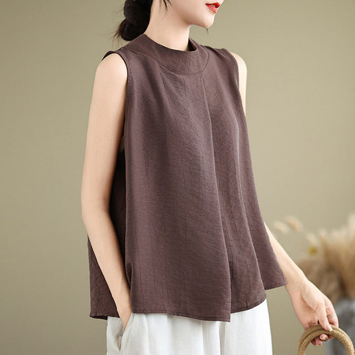 Chaleco sin mangas de algodón y lino para mujer, informal, con diseño de Buddha Stones, liso, con botones en la espalda y cuello alto - image 1