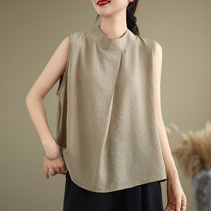 Chaleco sin mangas de algodón y lino para mujer, informal, con diseño de Buddha Stones, liso, con botones en la espalda y cuello alto - image 13