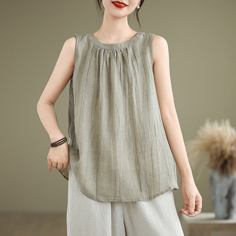 Chaleco sin mangas de algodón y lino con cuello redondo y diseño simple de arrugas de verano para mujer con Buddha Stones - Caqui oscuro - US8-10，UK/AU12-14，EU40-42 (2XL) - image 0