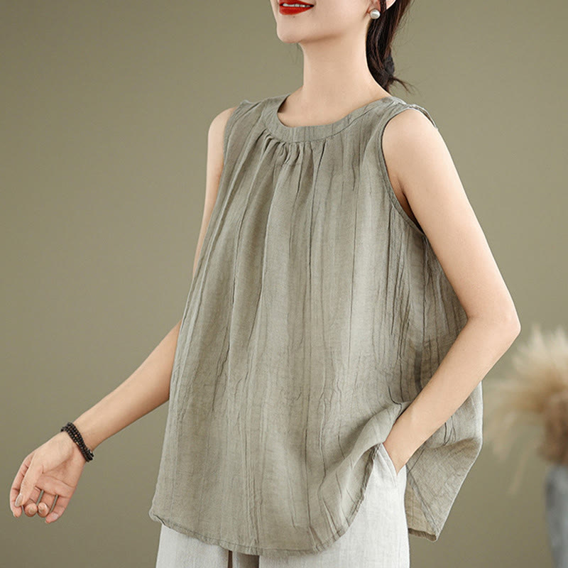 Chaleco sin mangas de algodón y lino con cuello redondo y diseño simple de arrugas de verano para mujer con Buddha Stones - image 3