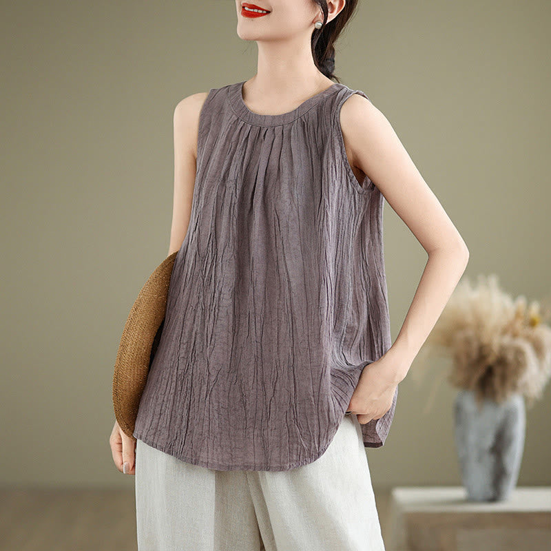 Chaleco sin mangas de algodón y lino con cuello redondo y diseño simple de arrugas de verano para mujer con Buddha Stones - Ciruela - US8-10，UK/AU12-14，EU40-42 (2XL) - image 20