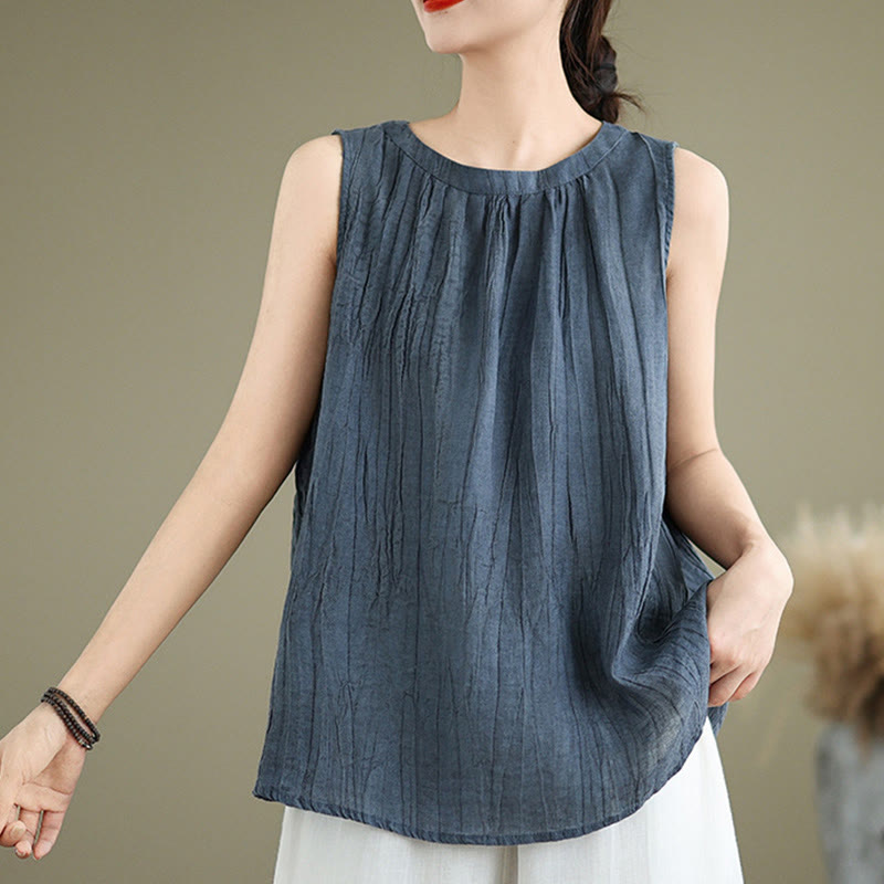 Chaleco sin mangas de algodón y lino con cuello redondo y diseño simple de arrugas de verano para mujer con Buddha Stones - image 17