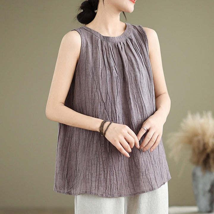 Chaleco sin mangas de algodón y lino con cuello redondo y diseño simple de arrugas de verano para mujer con Buddha Stones - image 25