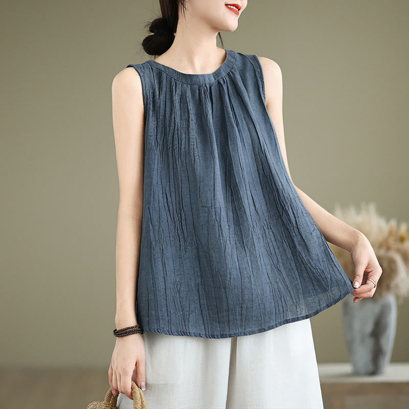 Chaleco sin mangas de algodón y lino con cuello redondo y diseño simple de arrugas de verano para mujer con Buddha Stones - Azul oscuro - US8-10，UK/AU12-14，EU40-42 (2XL) - image 15