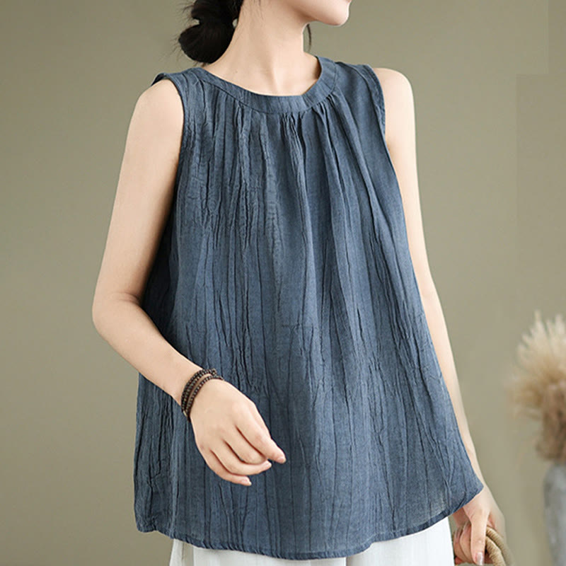 Chaleco sin mangas de algodón y lino con cuello redondo y diseño simple de arrugas de verano para mujer con Buddha Stones - image 18