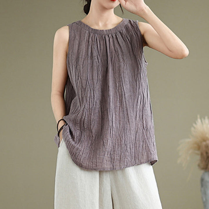Chaleco sin mangas de algodón y lino con cuello redondo y diseño simple de arrugas de verano para mujer con Buddha Stones - image 24