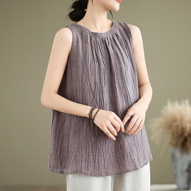 Chaleco sin mangas de algodón y lino con cuello redondo y diseño simple de arrugas de verano para mujer con Buddha Stones - image 25
