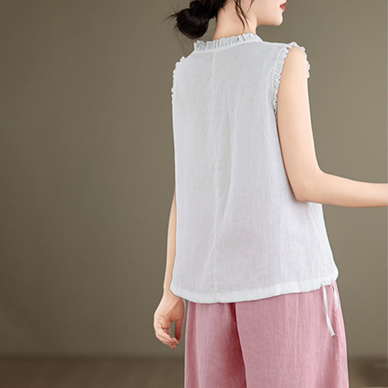 Chaleco sin mangas de algodón y lino para mujer, con cuello redondo, diseño de volantes y cordón ajustable, de Buddha Stones, para verano - image 21