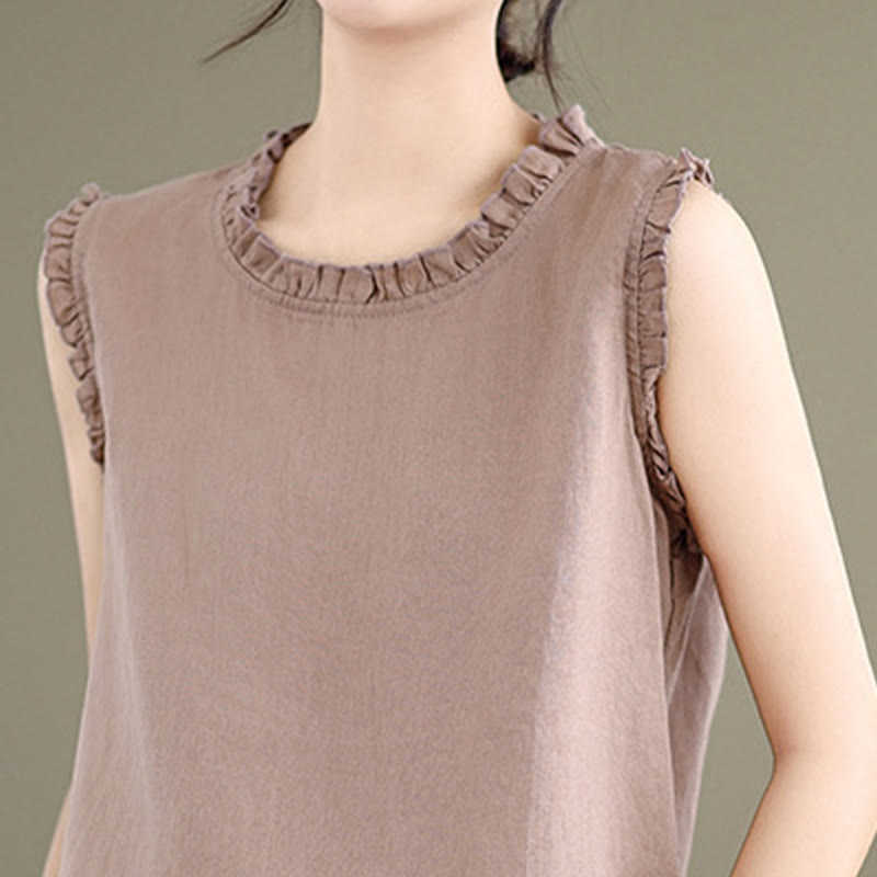 Chaleco sin mangas de algodón y lino para mujer, con cuello redondo, diseño de volantes y cordón ajustable, de Buddha Stones, para verano - image 19