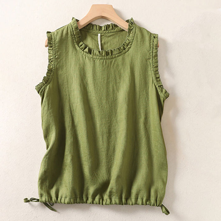 Chaleco sin mangas de algodón y lino para mujer, con cuello redondo, diseño de volantes y cordón ajustable, de Buddha Stones, para verano - image 13