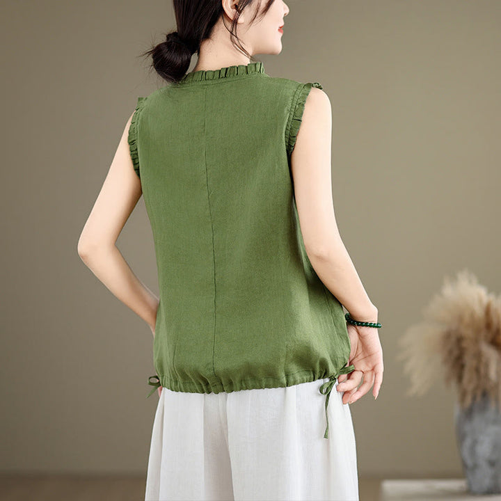 Chaleco sin mangas de algodón y lino para mujer, con cuello redondo, diseño de volantes y cordón ajustable, de Buddha Stones, para verano - image 2