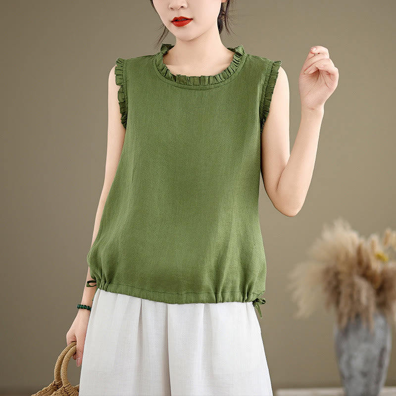 Chaleco sin mangas de algodón y lino para mujer, con cuello redondo, diseño de volantes y cordón ajustable, de Buddha Stones, para verano - Verde lima - US8-10，UK/AU12-14，EU40-42 (2XL) - image 0