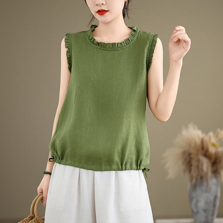 Chaleco sin mangas de algodón y lino para mujer, con cuello redondo, diseño de volantes y cordón ajustable, de Buddha Stones, para verano - Verde lima - US8-10，UK/AU12-14，EU40-42 (2XL) - image 0